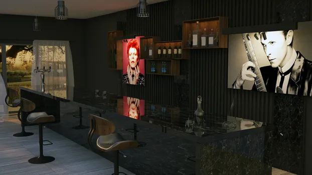 Cantina con barra de granito, muros en WPC gris y detalles en granito