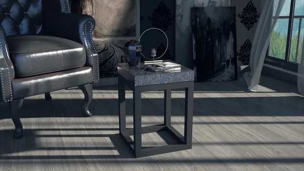 Detalle de mesa en granito con base de PTR con pintura electrosoldada negra