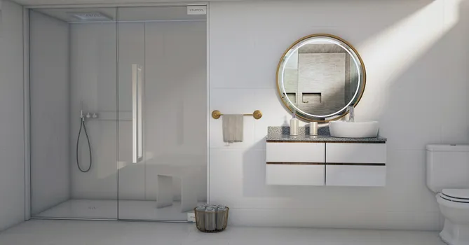 Mueble de baño en melamina blanca con detalles vivos de madera de nogal y cubierta de granito