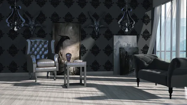 Sala en tonos negros con mesa de granito y lámparas colgantes