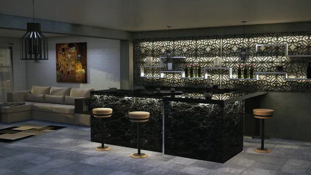 Cantina con barra de mármol y elementos flotados en muro de melamina blanca con celosía 