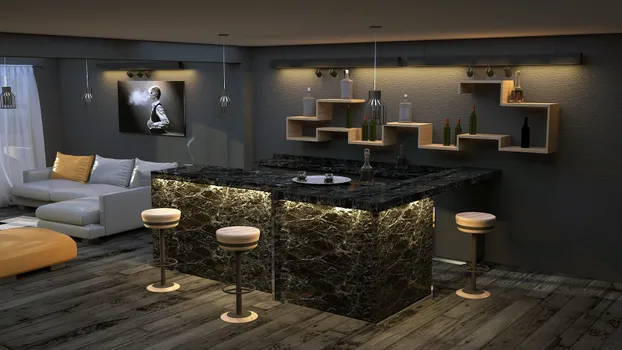 Cantina con barra de mármol y elementos flotados en muro de melamina de nogal