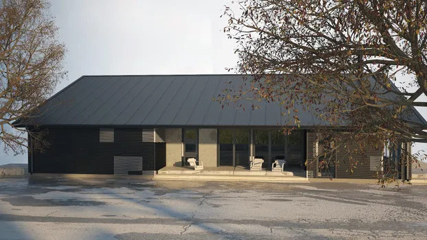 Fachada lateral de casa habitación con ventanales y techo a dos aguas