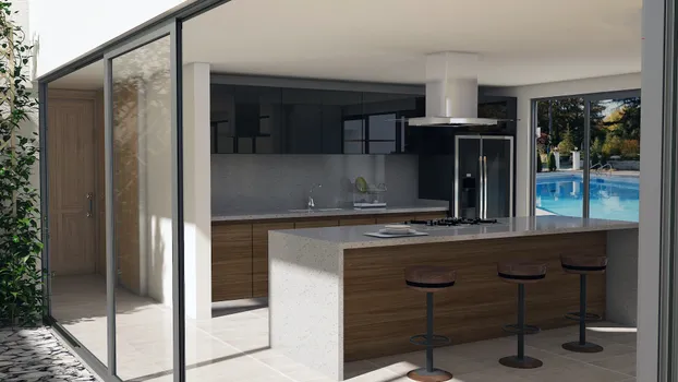 Cocina con alacenas de laca al alto brillo, bases en melamina de terracota y cubierta de granito, electrodomésticos en acero inoxidable