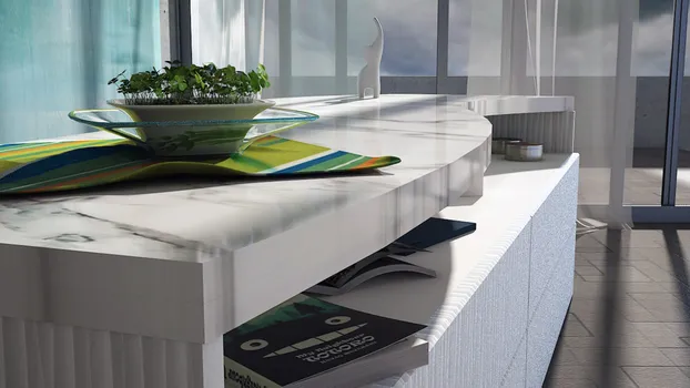 Detalle de mueble con cubierta de mármol blanco