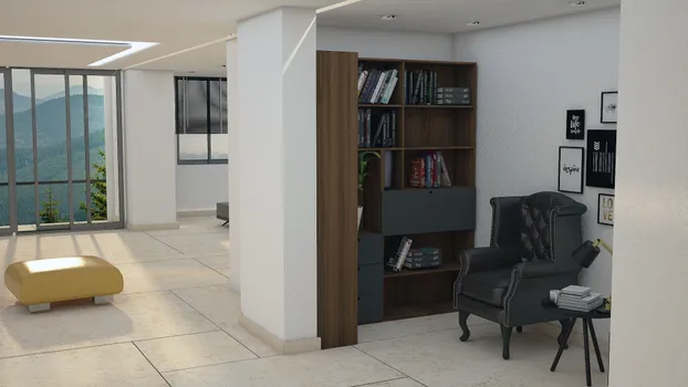 Librero en departamento con melamina terracota con puertas en melamina gris