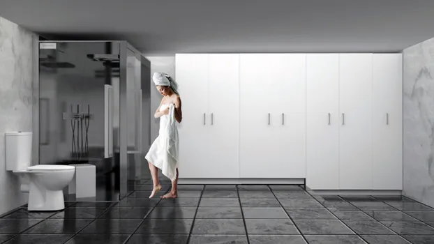 Clóset en baño con puertas e interiores de material hidrófugo, piso cerámico negro