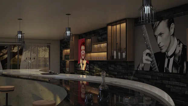 Cantina con barra en acabado de concreto aparente y cubierta de cuarzo, elementos tipo alacena en pino con detalles en PTR, muros con piedra natural