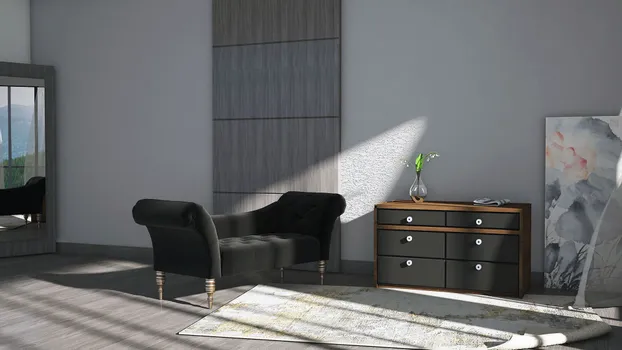 Mueble cajonero con interiores y detalles en nogal y frentes de cajón gris oxford