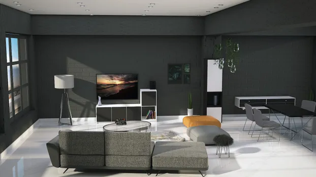 Sala/Comedor residencial con  mobiliario con interiores y detalles en blanco, frentes de cajón y puertas en melamina negra