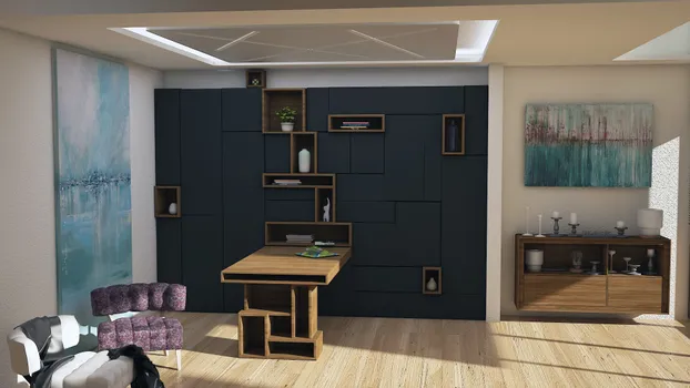 Librero con puertas e interiores en melamina gris oxford, nichos abiertos, mesa y mueble cajonero en nogal 