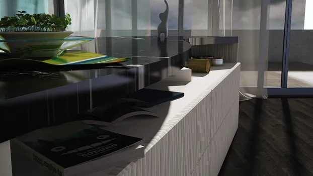 Detalle de mueble con cubierta de mármol negro