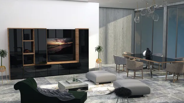 Sala/Comedor residencial con  mobiliario con interiores y detalles en nogal con frentes de laca al alto brillo negra