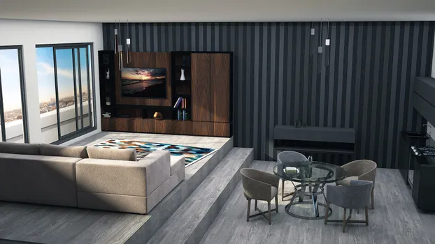 Sala/Comedor residencial con  mobiliario con interiores y detalles en negro con frentes de terracota