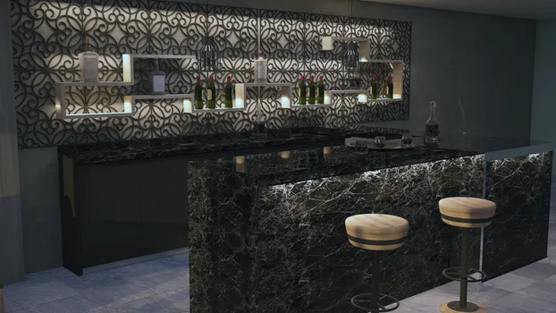  Cantina con barra de mármol y elementos flotados en muro de melamina blanca con celosía