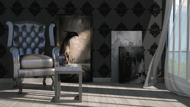 Sala en tonos negros con mesa de granito 