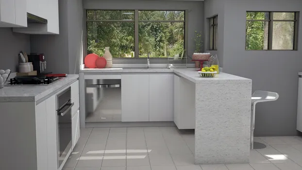 Cocina en melamina blanca con cubierta de granito blanco