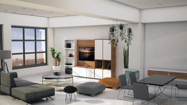 Sala/Comedor residencial con  mobiliario con interiores y detalles en maple, frentes de cajón y puertas en melamina blanca