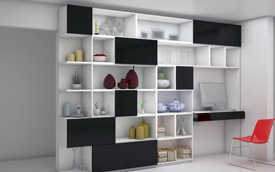 Librero en interiores blancos y puertas en laca negra al alto brillo