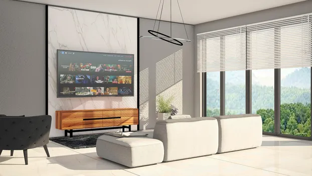 Mueble de televisión en parota con detalles en negro, base de PTR y lambrin de mármol 