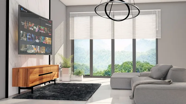 Mueble de televisión en parota con detalles en negro, base de PTR y lambrin de mármol 