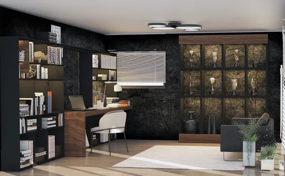 Oficina en tonos negros con roble y detalles de luz indirecta