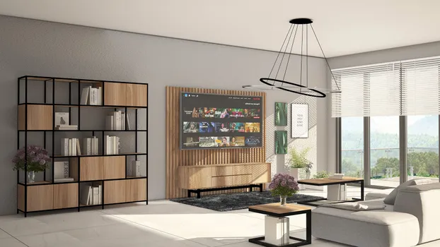 Sala residencial, librero, mueble de televisión y lambrin WPC en teca