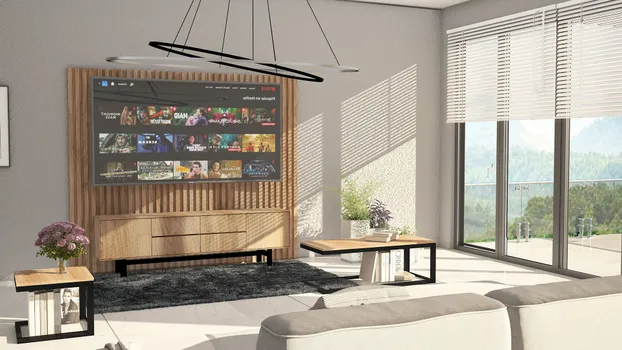 Sala residencial, librero, mueble de televisión y lambrin WPC en teca