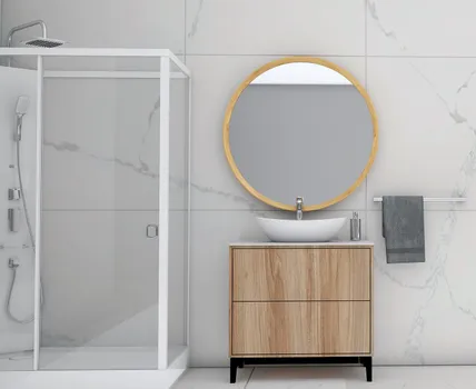 Mueble de baño en teca con cubierta de granito blanco