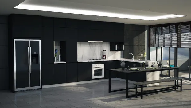 Cocina negra con cubierta en mármol blanco