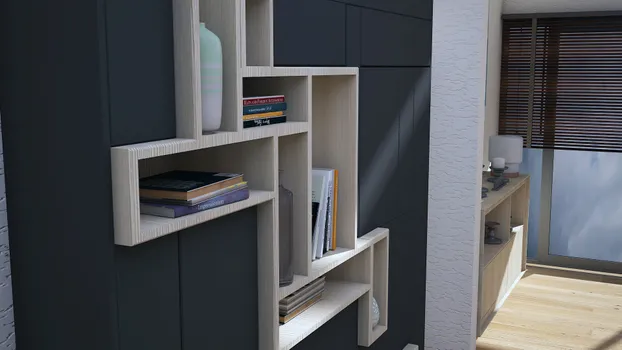 Detalle de librero gris oxford con nichos abiertos en pino