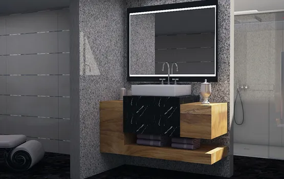 Mueble de baño de parota con cubierta y detalles en mármol negro