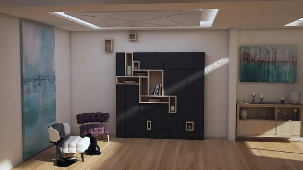 Librero gris oxford con nichos abiertos en pino, detalle de plafón